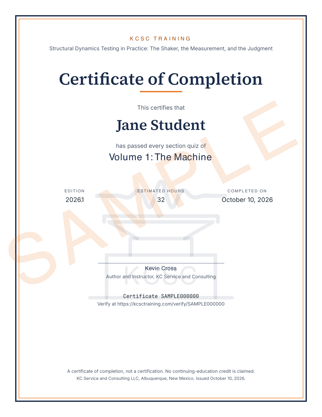 Sample certificate of completion, marked SAMPLE